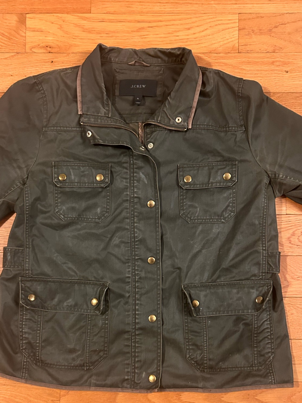 J. Crew Waxed Cotton Field Jacket Womens Size XL Full Zip Snap Green Military